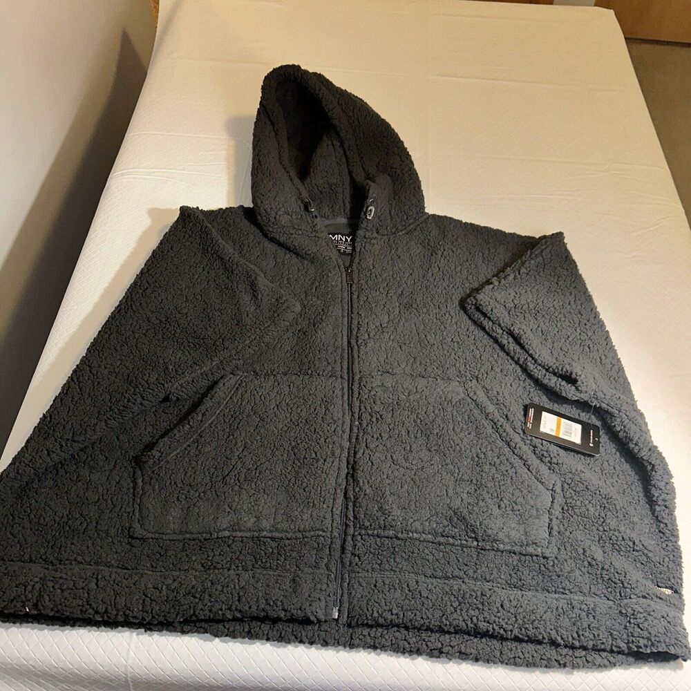 MNY Performance Hooded Sherpa Pocket Poncho Black S/M Zip Kangaroo pockets